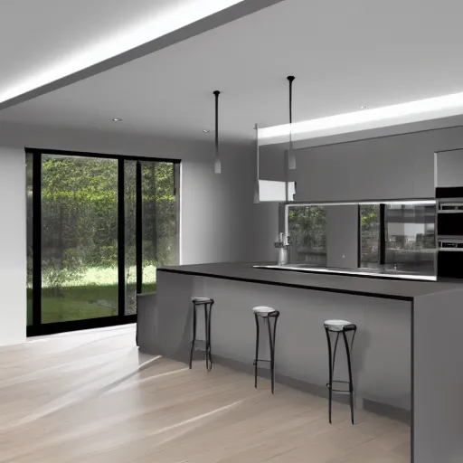 Image similar to modern kitchen with rgb led strip lighting roof lantern, homes and gardens, super detailed render, award winning,