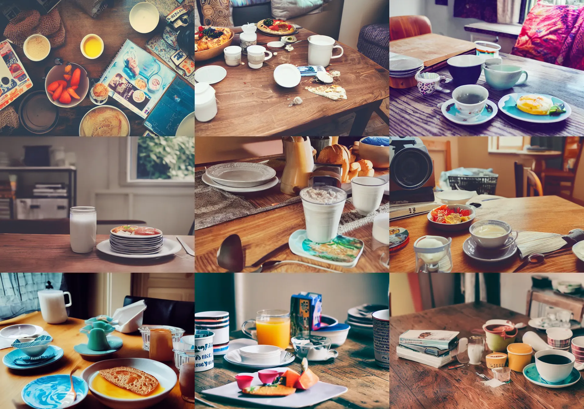 Prompt: home photography portrait, A dining table in dining room, cups, a milk package, meals, breakfast ; mess, dirty, summer, Color VHS picture quality with mixed noise