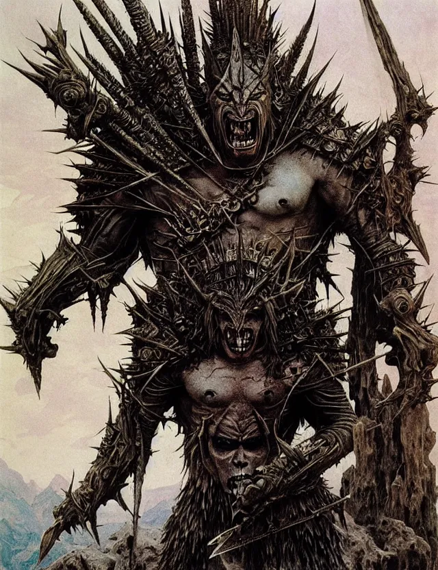 Image similar to A powerful large fanged orc with pale skin covered in scars stands near the mountains, wearing spiky complex detailed armor without a helmet. Extremely high detail, realistic, fantasy art, scars, solo, masterpiece, saturated colors, art by Zdzisław Beksiński, Arthur Rackham