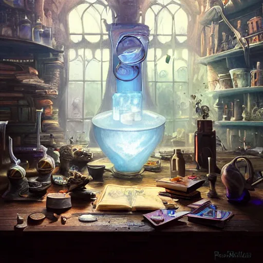 Prompt: hyper realistic, table, wizards laboratory, greg rutkowski, mortar, pestle, scales with magic powder, energy flowing, magic book, beakers of colored liquid, tony sart