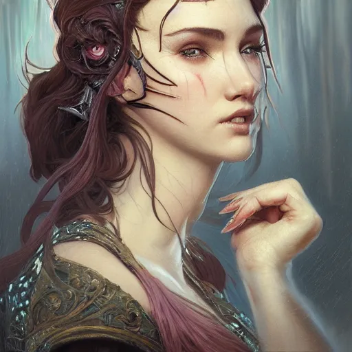 Image similar to close up portrait of a woman with her face covered by hair, D&D, fantasy, intricate, elegant, highly detailed, digital painting, artstation, concept art, matte, sharp focus, illustration, hearthstone, art by Artgerm and Greg Rutkowski and Alphonse Mucha