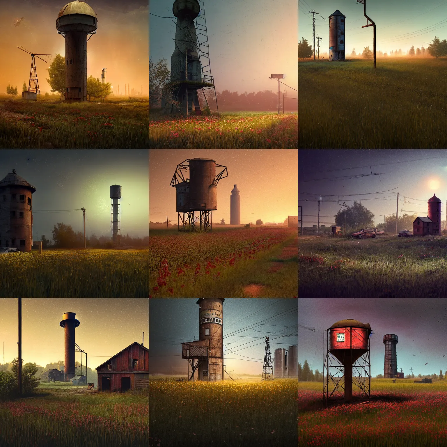 Prompt: rural post, cyberpunk, post - apocalyptic farmhouse with a rusty water tower in a flower field, by scott listfield and gregory crewdson, post - cyberpunk, at night, fog, 8 k render, trending on cgsociety, trending on artstation