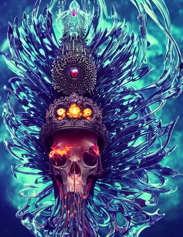 Image similar to witch phoenix macro close - up portrait with crown made of ram skull. phoenix, betta fish, jellyfish, plasma, ice, water, wind, creature, super intricate ornaments artwork by tooth wu and wlop and beeple and greg rutkowski