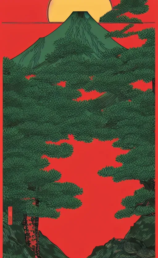 Image similar to hanafuda, an aperture to a lake in a forest of japanese pines, a big red sun in the background, front game card, vector line art, trending on behance, concept art, stunning, matte