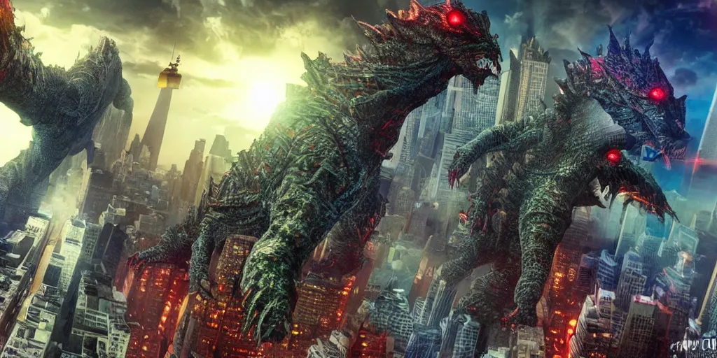 Prompt: A Cyber Kaiju Attacking new york, cinematic