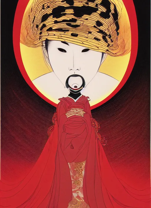 Image similar to portrait of a woman with a mask on his face in the form of a spiral in a golden kimono, full face, against the background of a bright red moon, sad motif, by hisashi eguchi, kentaro miura, and yoshitaka amano, soft colors, futuristic, 8 k