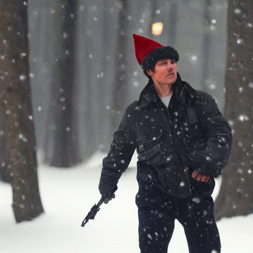 Prompt: tom cruise in costume with a christmas hat and a small dog and a kalachnikov. wood cabin, forest fire and police cars in the background. it's snowing.