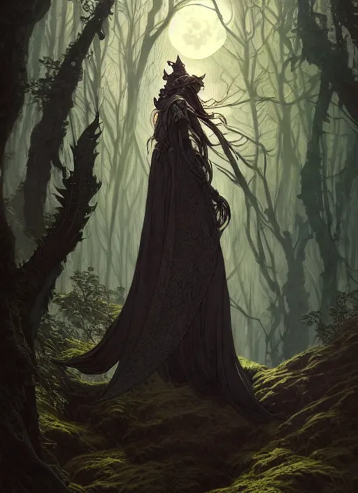 Image similar to full moon, adventurer outfit large cloak, fantasy forest landscape, dragon scales, fantasy magic, dark light night, intricate, elegant, sharp focus, illustration, highly detailed, digital painting, concept art, matte, art by WLOP and Artgerm and Greg Rutkowski and Alphonse Mucha, masterpiece