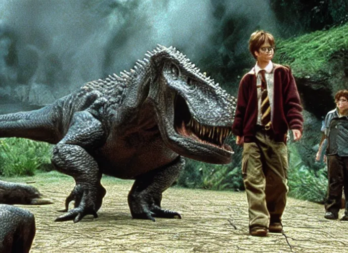 Prompt: harry potter in Jurassic park (1993), screenshot