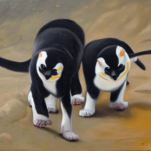 Prompt: Dois gatos a jogar pingue-pongue sobre fundo cor de laranja, oil painting