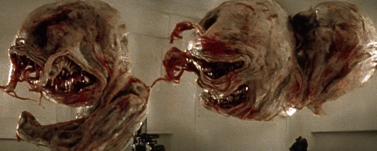 Image similar to filmic extreme wide shot movie still 4k UHD interior 35mm film color photograph of a a detached snarling distorted deformed human head protruding out of a mutated abstract shape shifting organism made of human internal organs, in the style of a horror film The Thing 1982