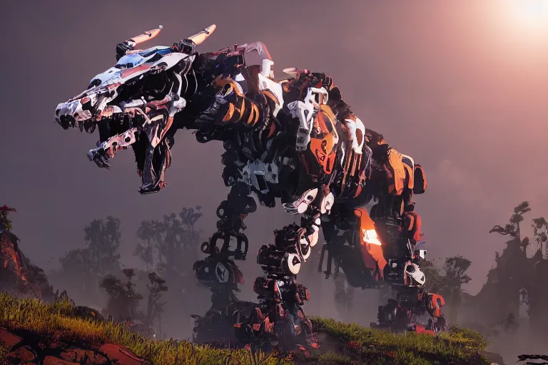 Image similar to scrapper machine mecha animal beast robot of horizon forbidden west horizon zero dawn bioluminiscence global illumination ray tracing hdr fanart arstation by sung choi and eric pfeiffer and gabriel garza and casper konefal