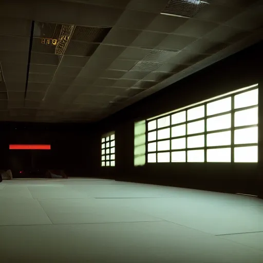 Image similar to a large futuristic dojo, shot by roger deakins, night time, dim cinematic lighting, low ceiling, david fincher movie