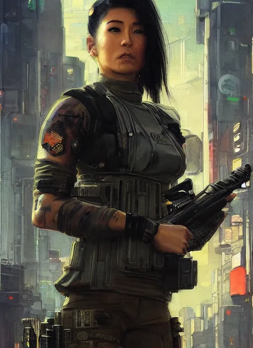 Image similar to Nikki tanaka. beautiful cyberpunk female USN marine wearing a military vest and combat gear. (Cyberpunk 2077, bladerunner 2049, apex legends, hl2). gorgeous face. Iranian orientalist portrait by john william waterhouse and Edwin Longsden Long and Theodore Ralli and Nasreddine Dinet, oil on canvas. Cinematic, hyper realism, realistic proportions, dramatic lighting, high detail 4k
