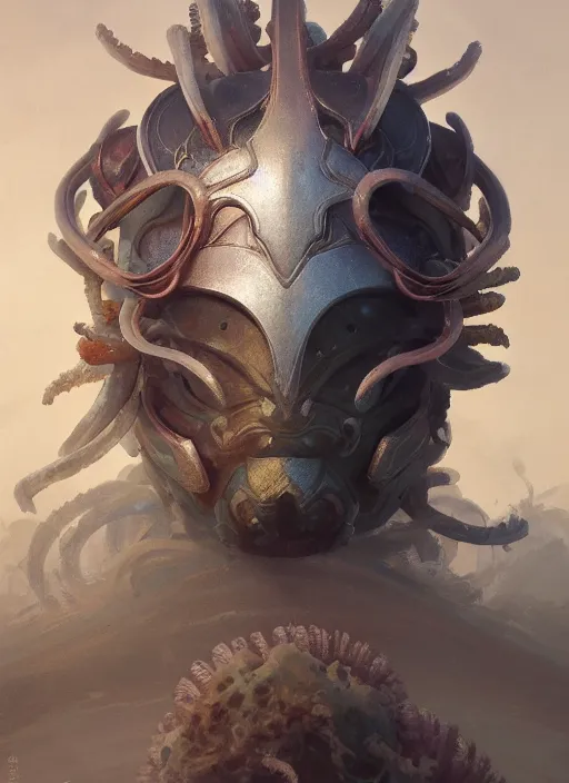 Prompt: Helmet of a forgotten Deity, sea anemone, extremly detailed digital painting, in the style of Fenghua Zhong and Ruan Jia and jeremy lipking and Peter Mohrbacher, mystical colors, rim light, beautiful lighting, 8k, stunning scene, raytracing, octane, trending on artstation