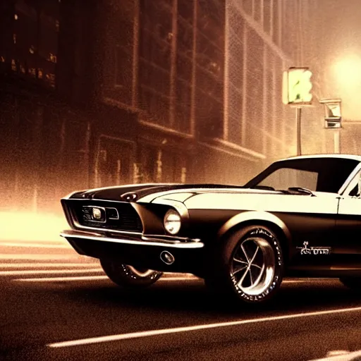 Image similar to 1 9 6 8 ford mustang at night view of new york in heavy mist, highly detailed, artstation, concept art