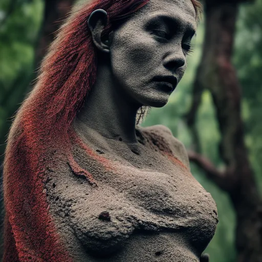 Image similar to beautiful stone woman, lava flowing, exotic trees, bare bark, dark eyes, low angle mist, high octane, frostbite, 8 k, cinematic, 3 5 mm, h 6 4 0