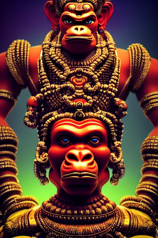 Prompt: high quality 3 d render post - rococo cyberpunk hanuman! head shri ram centre, neon madhubani, open mouth, highly detailed, in sci - fi new delhi, cinematic smooth unreal engine, lee madgwick & liam wong, dramatic light, long shot, low angle, uhd 8 k, sharp focus