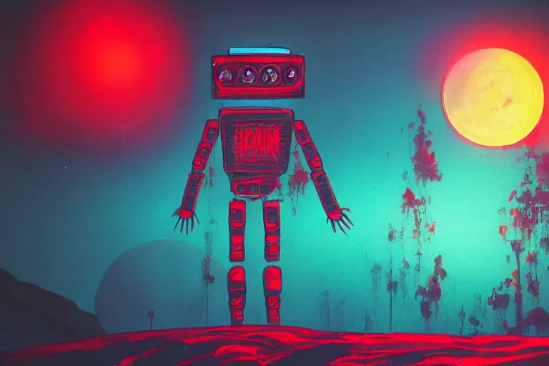 Image similar to a robot standing on mars in the style of flooko, acrylic art, detailed, moonlight, red lighting, bokeh, synthwave, psychedelic, glitch, neon,