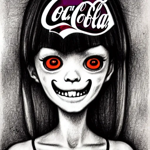 Image similar to pencil drawing of the coke logo personified as a soda themed girl in the style of the lavender towne, large creepy eyes, extremely detailed and colorful eyes, digital art, deviant art, soda themed girl, hyper detailed eyes, money sign pupils, tim burton, scratchy lines, junji ito, gorrilaz, her forehead has the coke logo carved into it