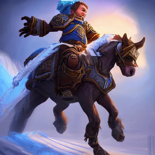 Image similar to a boy riding a horse, blizzard warcraft art, concept art, incredibly highly detailed and realistic, 8 k, sharp focus, studio quality