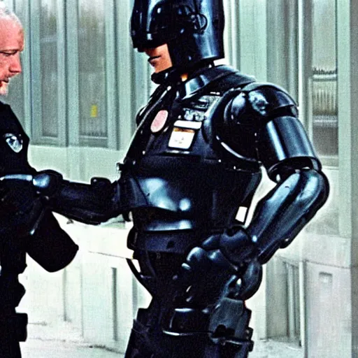 Image similar to robocop arresting british person, detailed facial expression