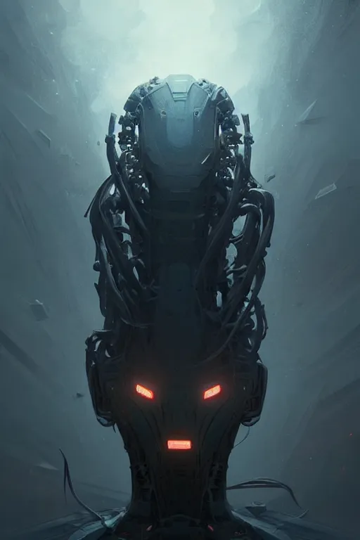 Image similar to professional concept art portrait of a ominous floating robotic terrifying!! species thing in a dark room by artgerm and greg rutkowski. an intricate, elegant, highly detailed digital painting, concept art, smooth, sharp focus, illustration, in the style of cam sykes.