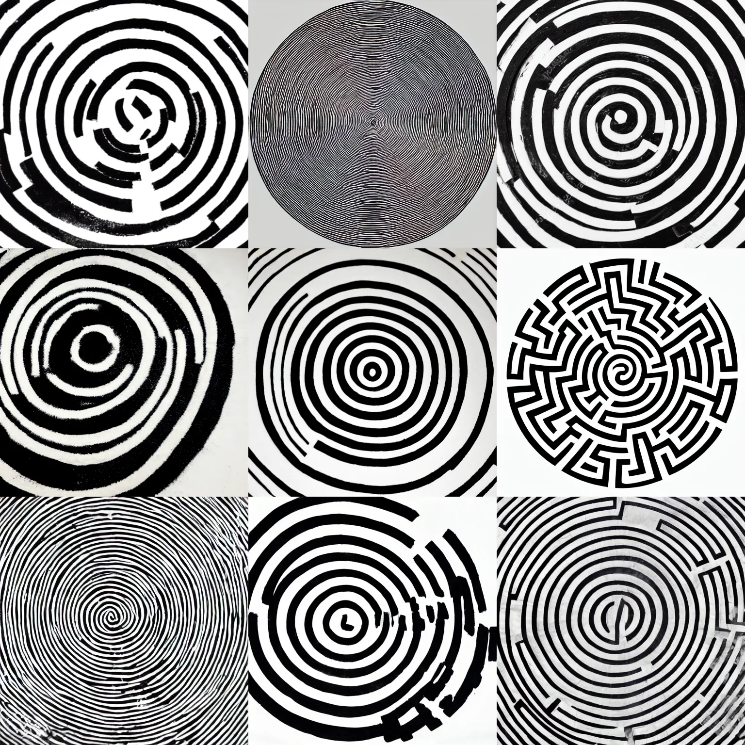 Prompt: a circular labyrinth stamped in black ink centered on off white paper with white space around it