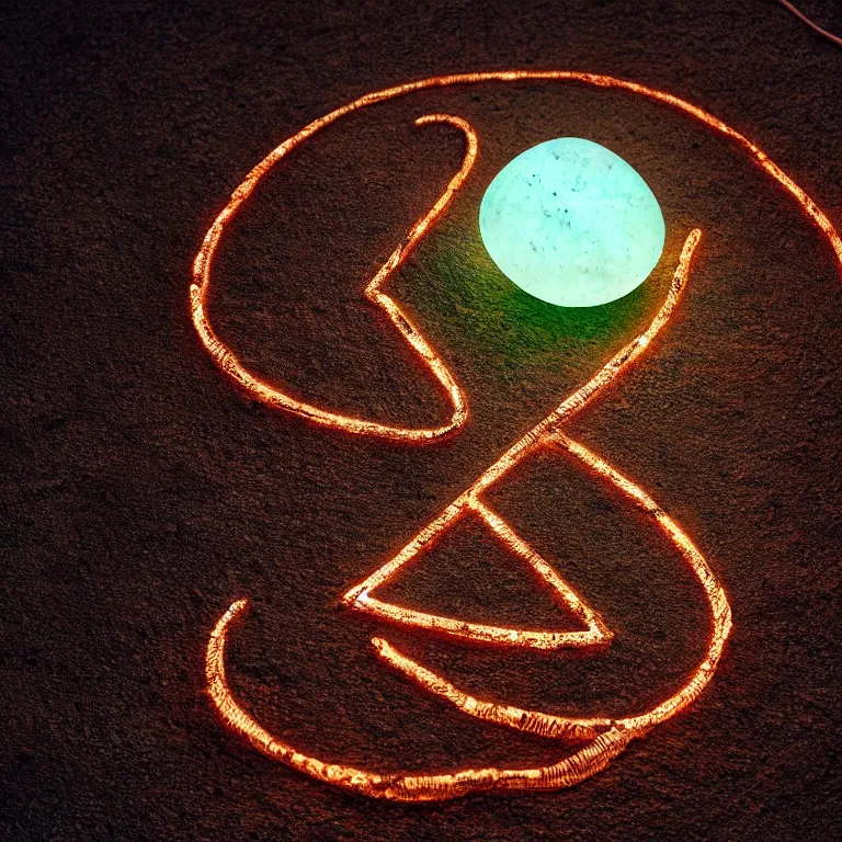 Prompt: photo of a large pebble with a glowing rune drawn on it. pebble is completely wrapped with copper wire. extremely high details, octane rendering, cgsociety