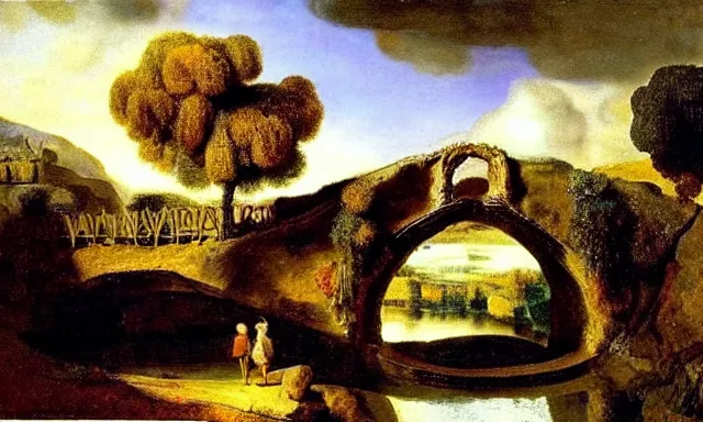 Prompt: landscape with a stone bridge painted by rembrandt as imagined by salvador dali, intricate, detailed, atmospheric lighting.