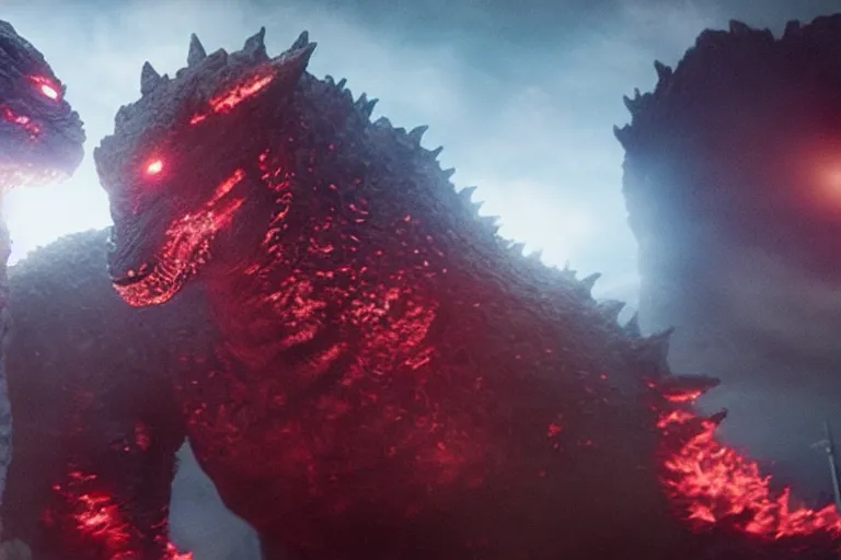 Image similar to two godzillas playing nintendo switch, cinematic, epic lighting, still shot from the new godzilla movie