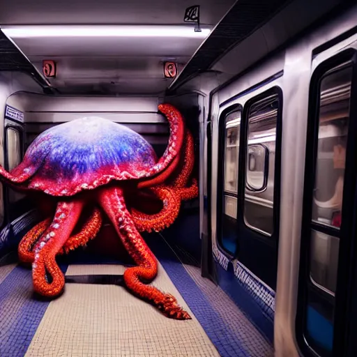 Image similar to a photo of a giant octopus mindflayer invading a interior of a subway train in new york, cinematic lighting