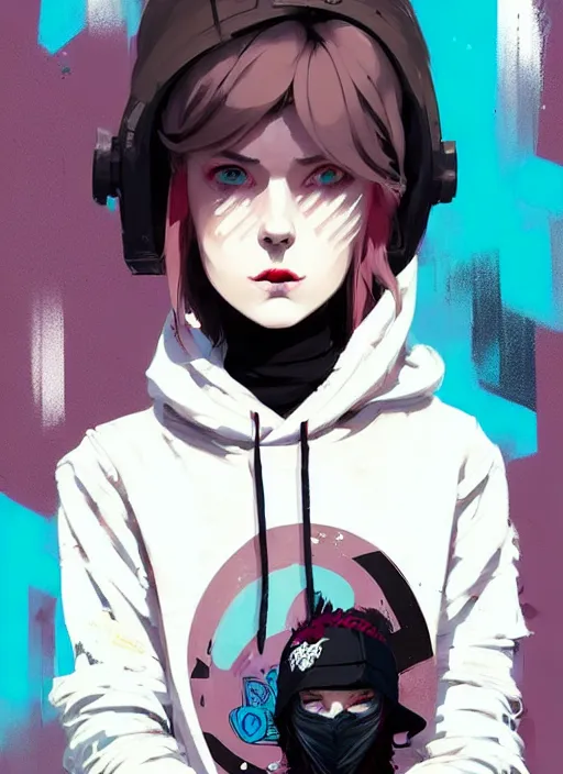 Prompt: highly detailed portrait of a urban punk lady student, blue eyes, hoodie, white hair by atey ghailan, by greg rutkowski, by greg tocchini, by james gilleard, by joe fenton, by kaethe butcher, gradient cyan, black, brown and pink color scheme, grunge aesthetic!!! ( ( graffiti tag wall background ) )