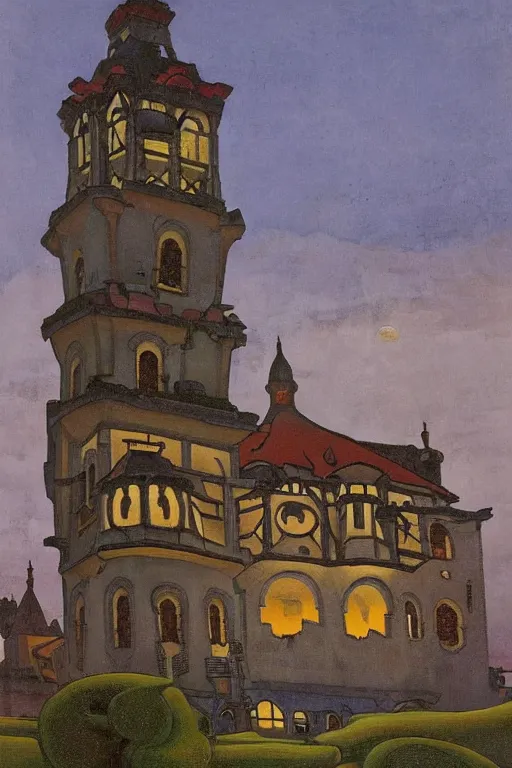 Image similar to view of the old tower and its gardens after a storm, tall windows lit up, beautiful ornamental architecture, dramatic cinematic lighting, rich colors, by Nicholas Roerich and and Caspar David Friedrich and ford madox brown and April Gornik and ((Diego Rivera)), featured on artstation