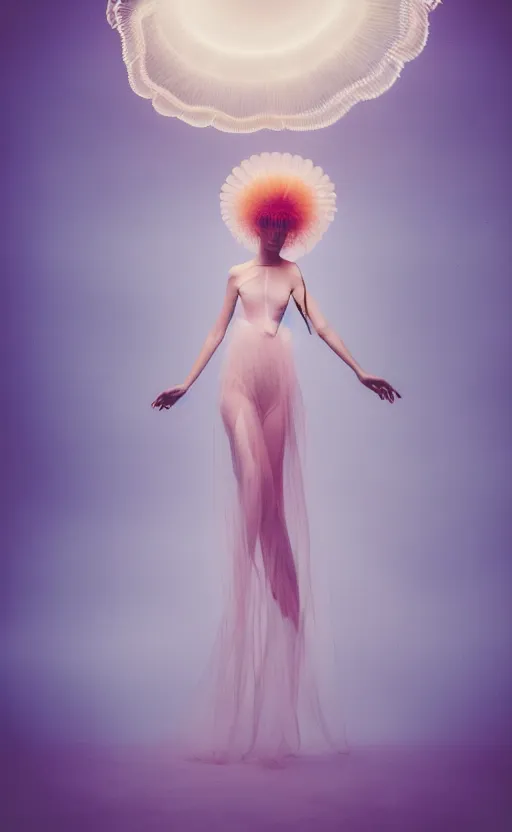 Image similar to fashion photography of a woman wearing an outfit inspired by a jellyfish, artistic photography, cinematic lighting, insanely detailed, chiaroscuro, cinestill 8 0 0 t, vogue magazine