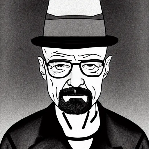 Image similar to Walter White with short pork pie black hat, accurate anatomy, highly detailed, digital art, centered, portrait, serious,