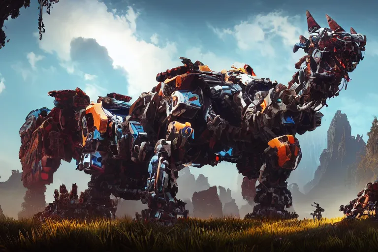 Image similar to behemoth machine mecha animal beast robot of horizon forbidden west horizon zero dawn bioluminiscence global illumination ray tracing hdr fanart arstation by sung choi and eric pfeiffer and gabriel garza and casper konefal