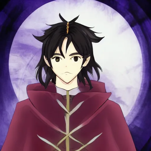 Image similar to teen fantasy boy in cloak with a staff with long brown hair covering a gem imbed on his forehead in a fantasy setting, tsubasa chronicles style, anime style