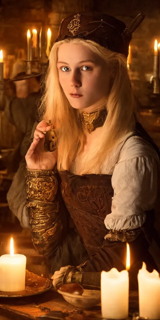 Prompt: young attractive beautiful scandinavian woman wearing 1 8 th century stay in a medieval tavern at night with candles, wow 4 k detail fantasy, matte painting, realistic materials, photo realistic, postprocessing, cinematic, hyperrealistic, studio lighting, ekaterina, the tudors, photography by richard jenkins