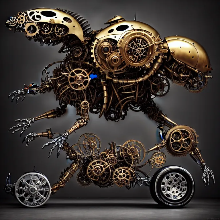 Image similar to biomechanical shiny steampunk vehicle reminiscent of very fast sportscar with robotic parts and (glowing) lights parked in ancient lush palace, gothic and baroque, brutalist architecture, ultradetailed, creepy ambiance, fog, artgerm, giger, Intricate by Ellen Jewett and Josan Gonzalez and Giuseppe Arcimboldo