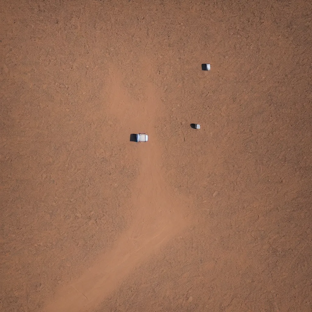 Prompt: aerial shot of a burningman themed campsite, in the australian red desert with dry grass