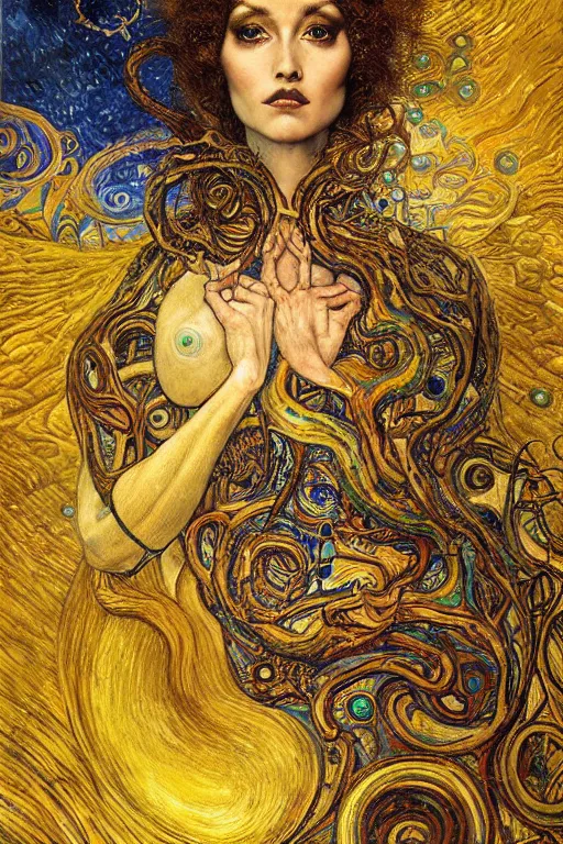 Prompt: Rebirth by Karol Bak, Jean Deville, Gustav Klimt, and Vincent Van Gogh, portrait of a sacred serpent, Surreality, radiant halo, shed iridescent snakeskin, otherworldly, fractal structures, celestial, arcane, ornate gilded medieval icon, third eye, spirals