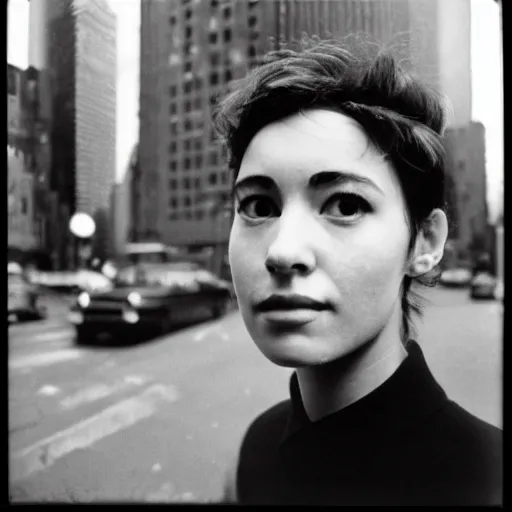 Prompt: analog medium format bokeh portrait in new york, 1 9 6 0 s, dark, photographed on expired film, detailed photograph