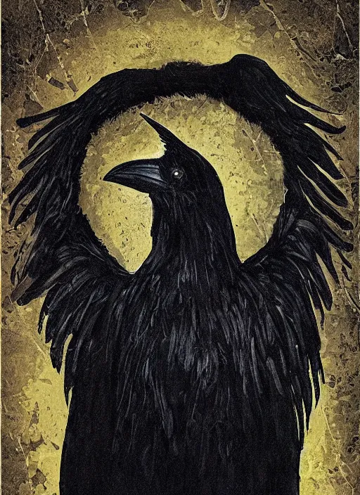 Image similar to portrait centered on a raven in a vantablack cloak and holding a symbolic weapon. painting in the style of symbolism. portrait hung up in a windows 9 8 wallpaper. r / oldschoolfantasy