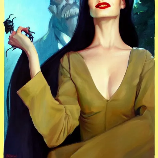 Image similar to greg manchess portrait painting of morticia from addams family as overwatch character, medium shot, asymmetrical, profile picture, organic painting, sunny day, matte painting, bold shapes, hard edges, street art, trending on artstation, by huang guangjian and gil elvgren and greg rutkowski