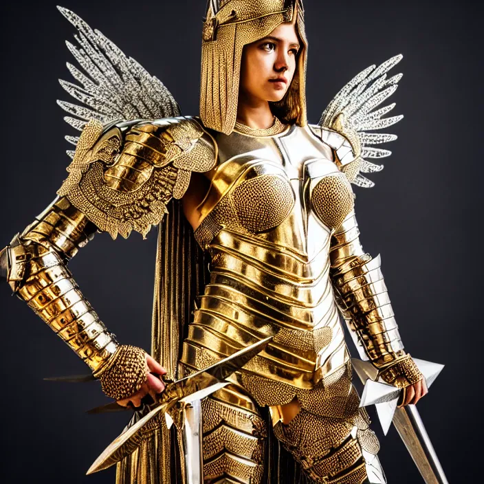 Prompt: full body photo of an angel warrior queen wearing diamond encrusted armour, highly detailed, 4 k, hdr, smooth, sharp focus, high resolution, award - winning photo