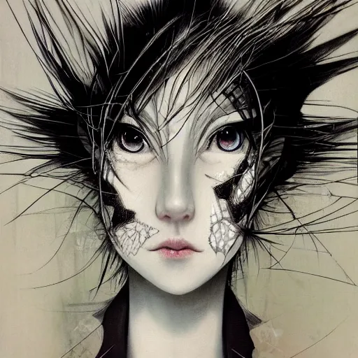 Image similar to Yoshitaka Amano realistic illustration of an anime girl with white hair and cracks on her face wearing dress suit with tie fluttering in the wind, abstract black and white patterns on the background, noisy film grain effect, highly detailed, Renaissance oil painting, weird portrait angle