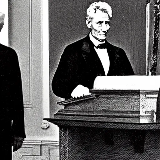 Prompt: ghost of abraham lincoln standing behind bill clinton in oval cabinet