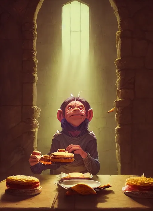 Image similar to highly detailed portrait of a medieval goblin eating cakes, stephen bliss, unreal engine, greg rutkowski, loish, rhads, beeple, makoto shinkai and lois van baarle, ilya kuvshinov, rossdraws, tom bagshaw, tom whalen, alphonse mucha, global illumination, god rays, detailed and intricate environment