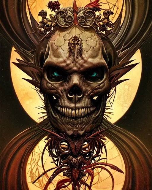 Image similar to perfectly centered portrait front view of a angry dead rotten beautiful daemon skull growing ornamentation all around, ornate, ornaments, detailed, symmetrical, elegant, beautifully soft lit, by wayne barlowe, peter mohrbacher, kelly mckernan, alphonse mucha